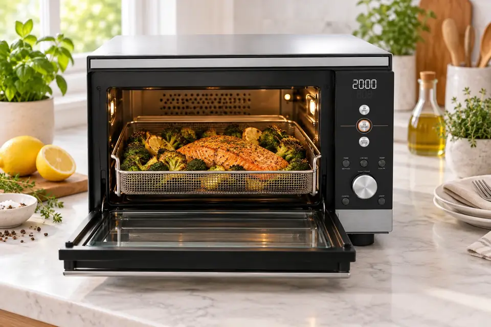 The Ninja Crispi at work: roasted vegetables and salmon in an air fryer