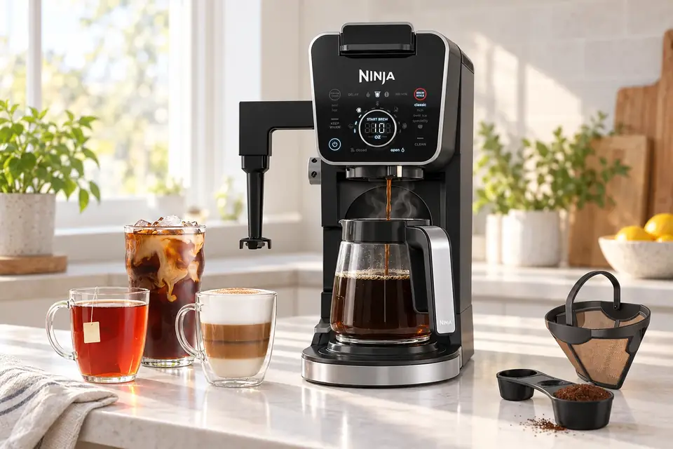 The Ninja DualBrew Pro at work: a drip coffee maker filling a glass carafe in morning light