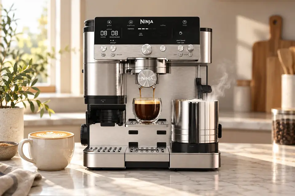 The Ninja Luxe Cafe at work: an espresso machine steaming milk for a latte