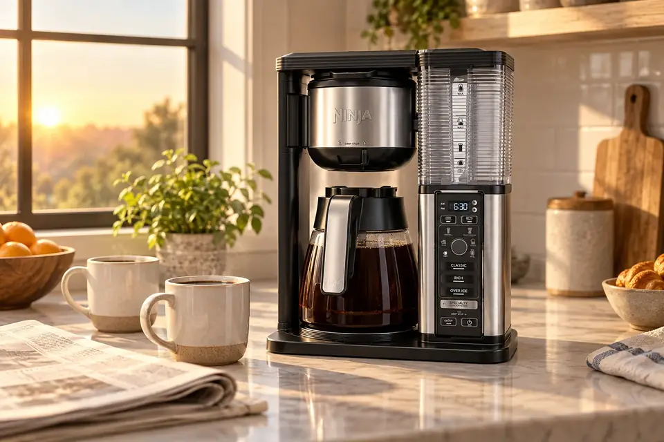 The Ninja Specialty Coffee Maker at work: a coffee maker on a kitchen counter in the morning