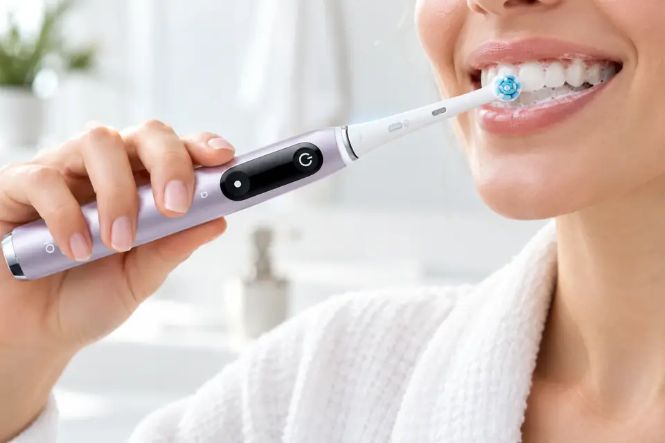 The Oral-B iO Series 9 at work: an electric toothbrush mid-brush beside a clean smile
