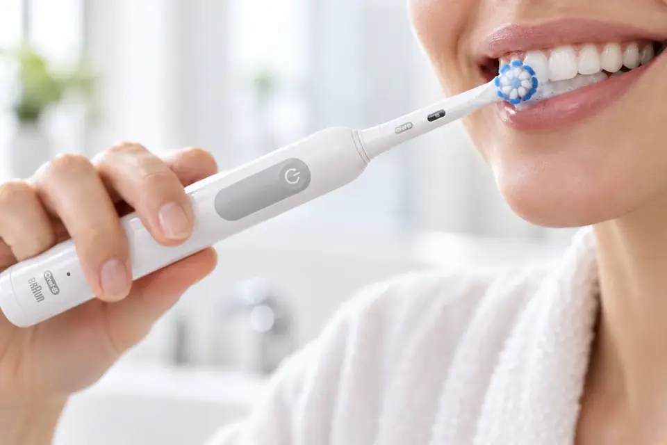 The Oral-B Pro 1000 at work: an electric toothbrush mid-brush beside a clean smile