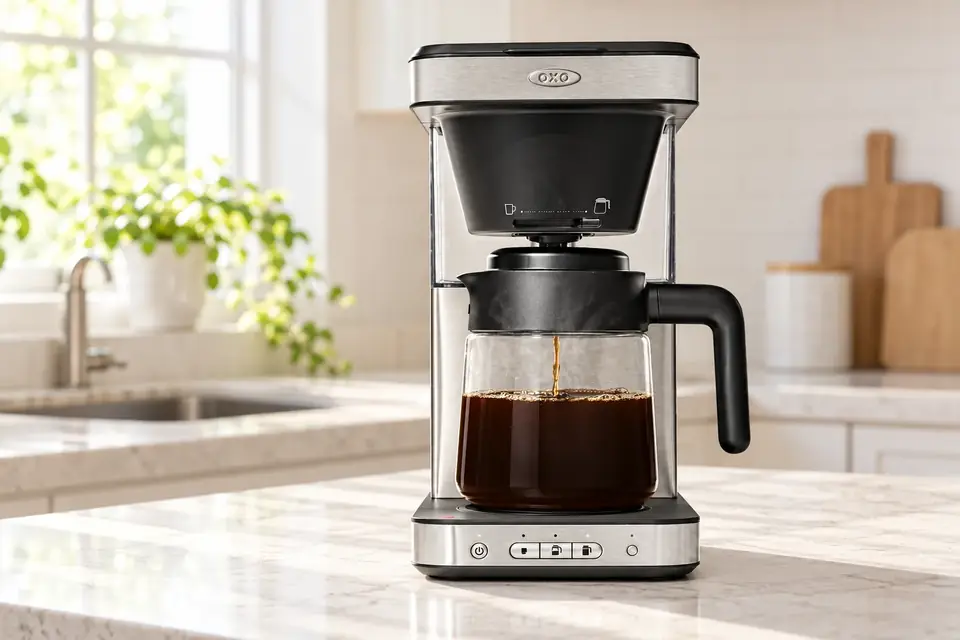 The OXO Brew 8-Cup Coffee Maker at work: a drip coffee maker filling a glass carafe in morning light