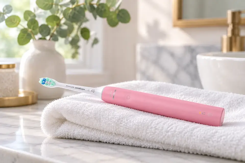 The Philips Sonicare 4100 at work: an electric toothbrush with its pressure light glowing, resting on a towel