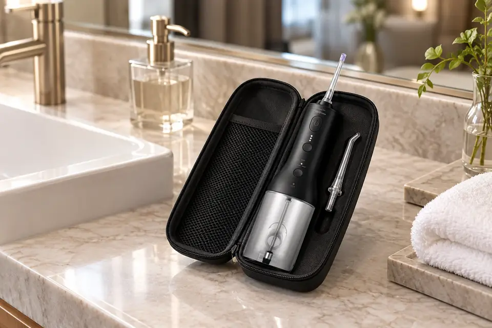 The Philips Sonicare Cordless Power Flosser 3000 at work: a compact water flosser packed in a travel case