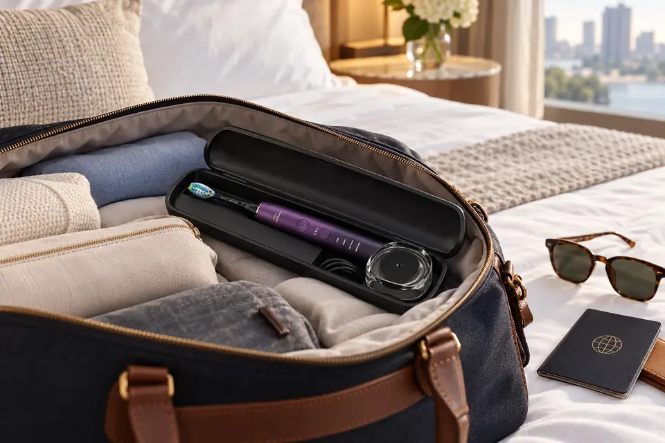 The Philips Sonicare DiamondClean 9000 at work: an electric toothbrush packed in its travel case