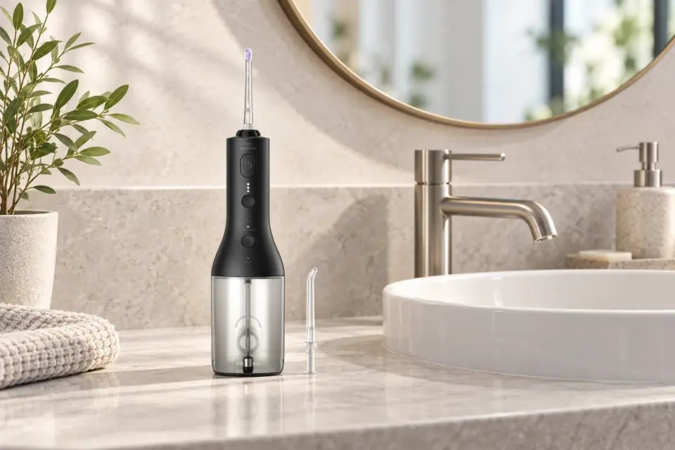 The Philips Sonicare Power Flosser 3000 at work: a water flosser on a bathroom counter