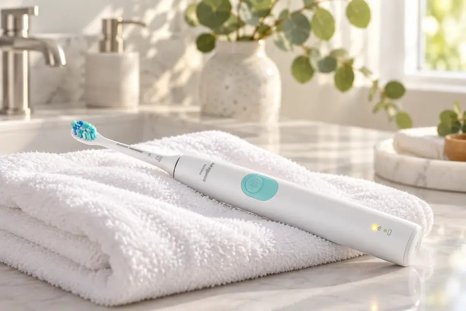 The Philips Sonicare ProtectiveClean 4100 at work: an electric toothbrush with its pressure light glowing, resting on a towel