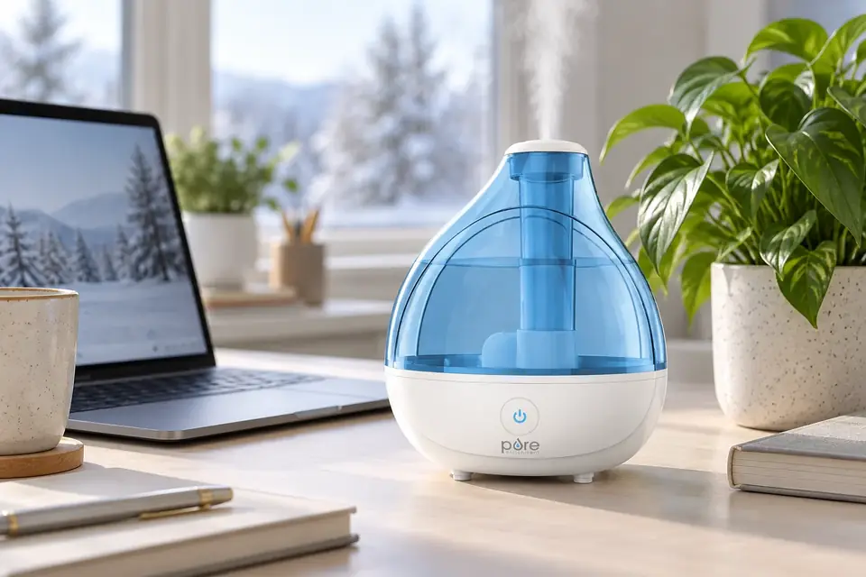 The Pure Enrichment MistAire at work: a small humidifier beside a laptop
