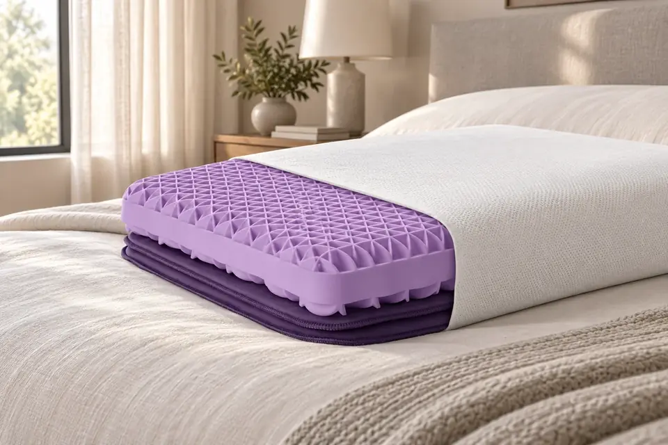 The Purple Pillow at work: a contour pillow on a calm, neatly made bed