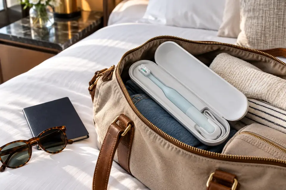 The Quip Sonic at work: an electric toothbrush packed in its travel case
