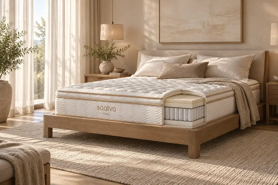 The Saatva Classic at work: a mattress showing its support layers
