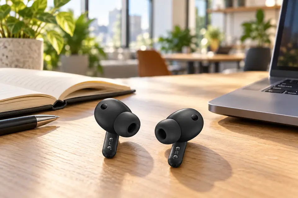 The Samsung Galaxy Buds4 Pro at work: noise cancelling headphones on a desk in a busy office