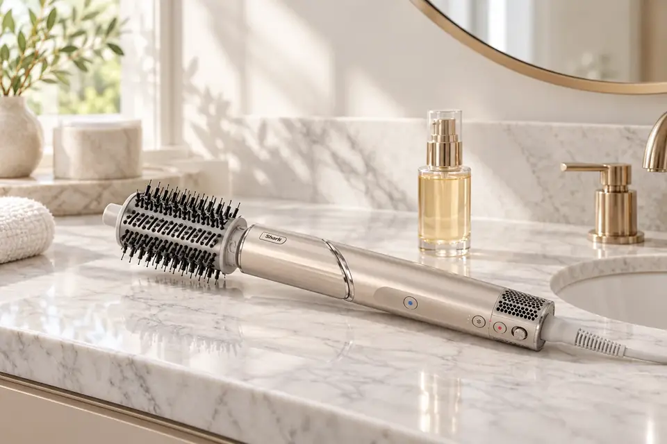 The Shark FlexStyle at work: a sleek hair dryer on a bathroom vanity in morning light