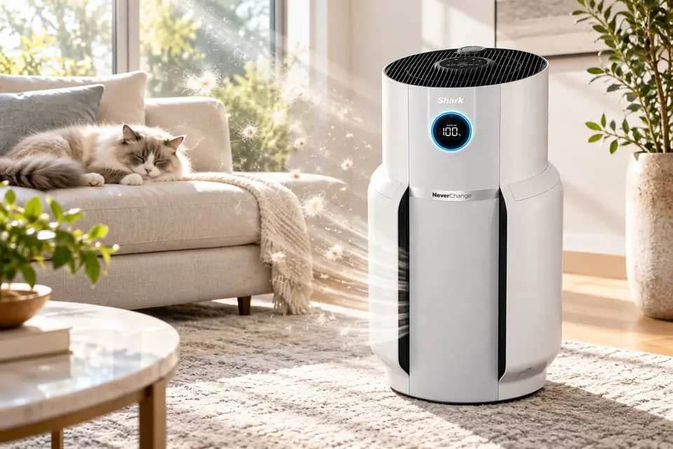 The Shark NeverChange Air Purifier MAX at work: an air purifier drawing pet hair and dander out of the air