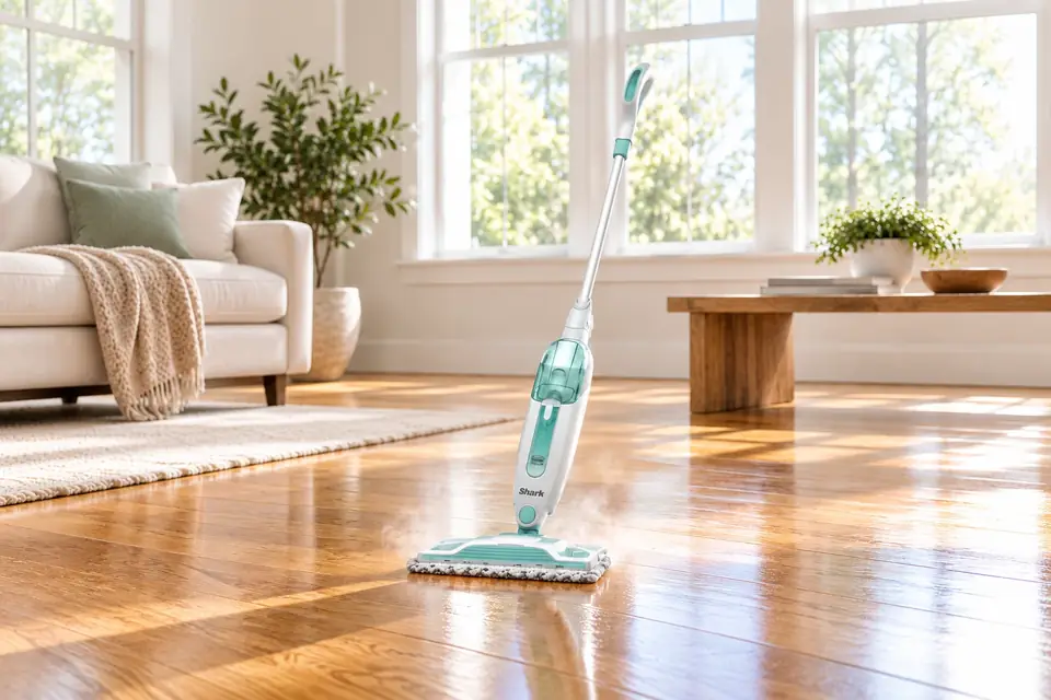 The Shark S1000 Steam Mop at work: a steam mop on a gleaming hardwood floor