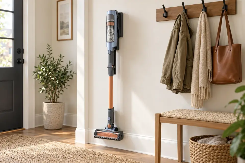 The Shark Stratos Cordless at work: a cordless vacuum on its wall dock