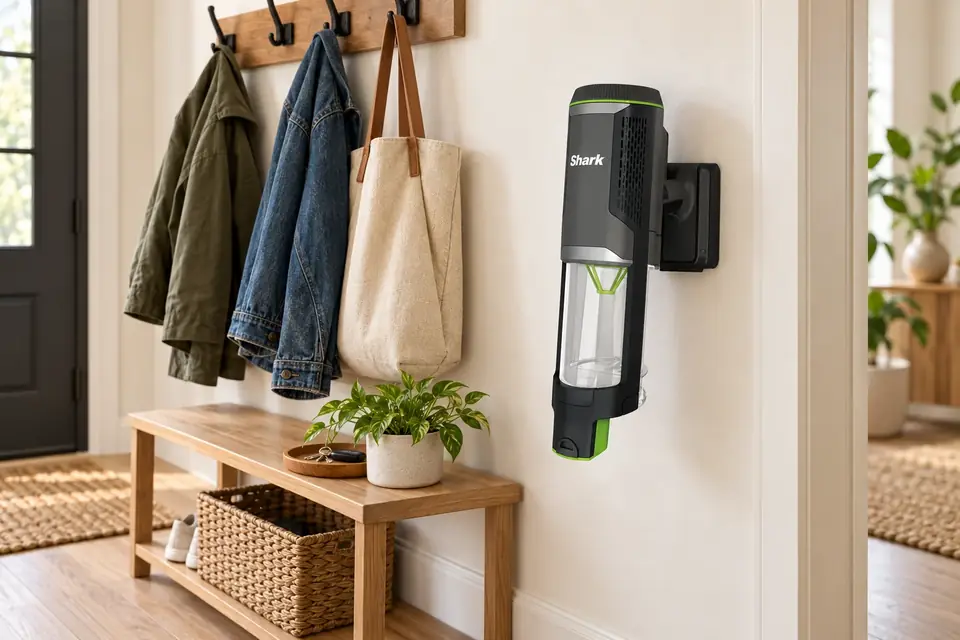 The Shark Wandvac System at work: a cordless vacuum on its wall dock