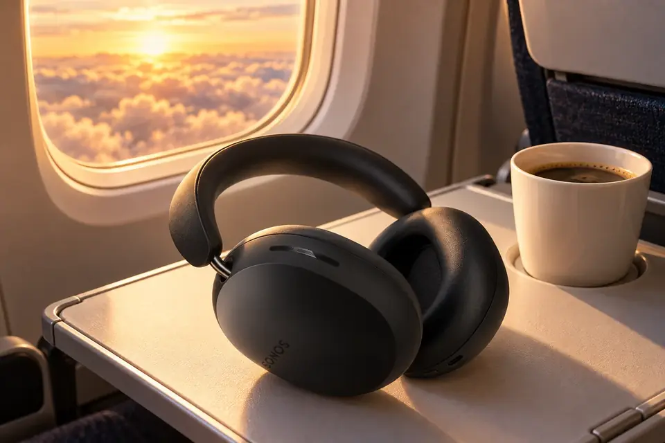The Sonos Ace at work: noise cancelling headphones on an airplane tray table