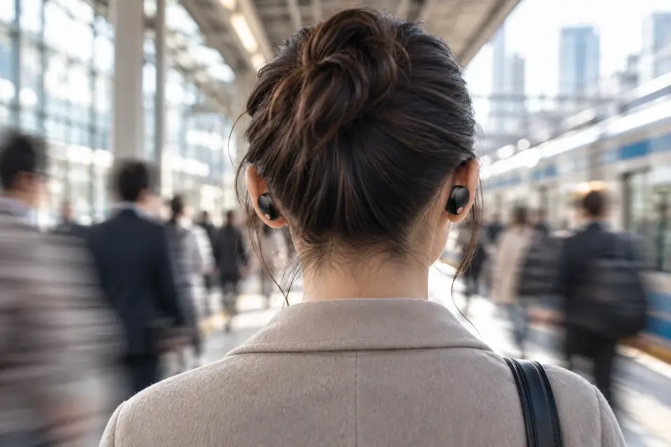 The Sony WF-1000XM5 at work: a commuter wearing noise cancelling headphones on a train platform