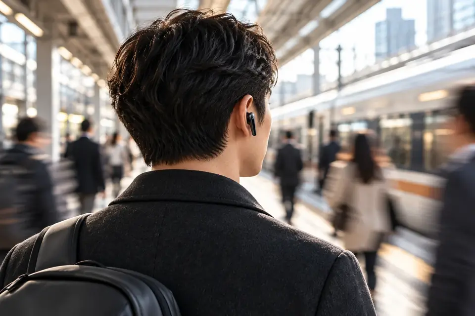 The Soundcore Liberty 4 Pro at work: a commuter wearing noise cancelling headphones on a train platform