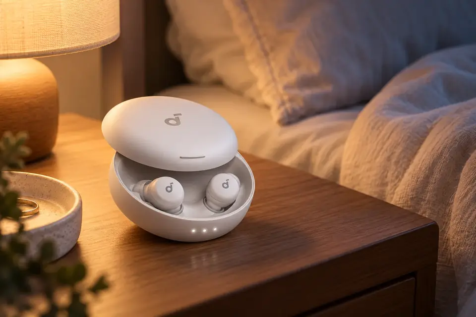 The Soundcore Sleep A30 at work: sleep earbuds in their case on a bedside table
