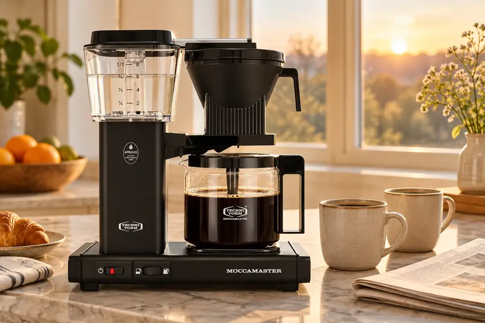 The Technivorm Moccamaster KBGV Select at work: a coffee maker on a kitchen counter in the morning