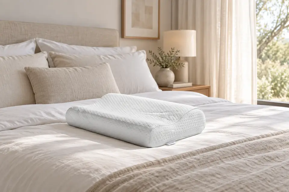 The Tempur-Pedic TEMPUR-Neck Pillow at work: a contour pillow on a calm, neatly made bed