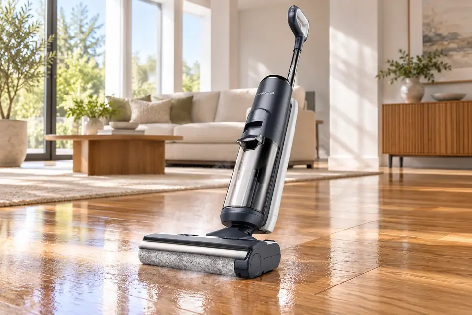 The Tineco Floor One S5 Steam at work: a steam mop on a gleaming hardwood floor