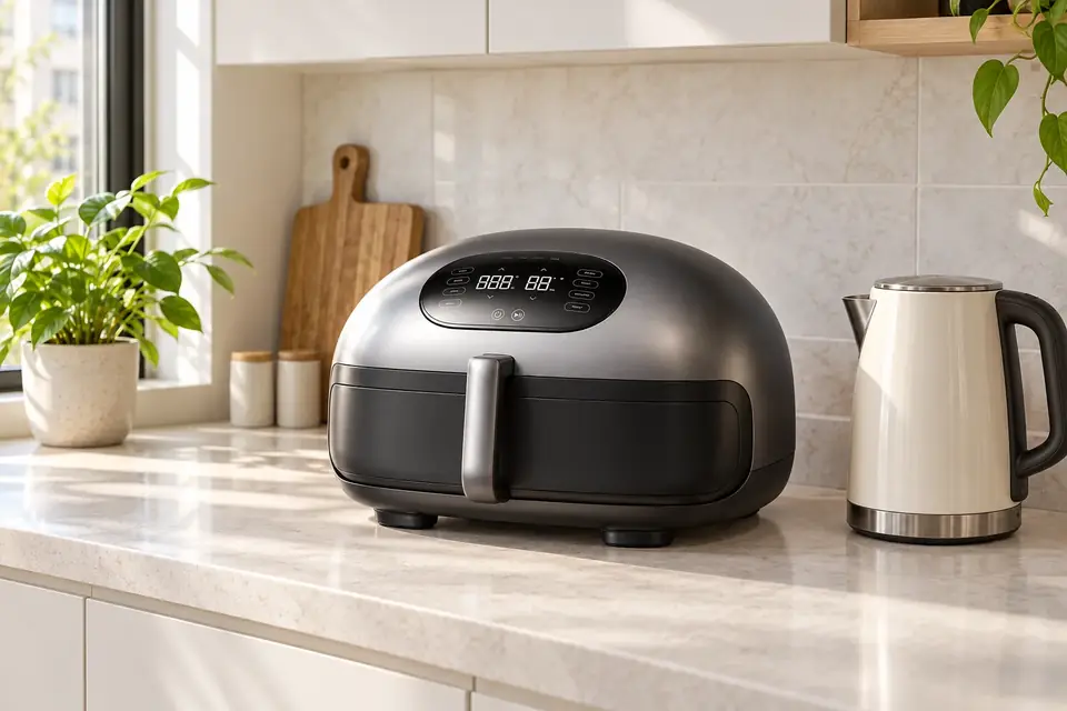 The Typhur Dome 2 at work: a compact air fryer on a small counter