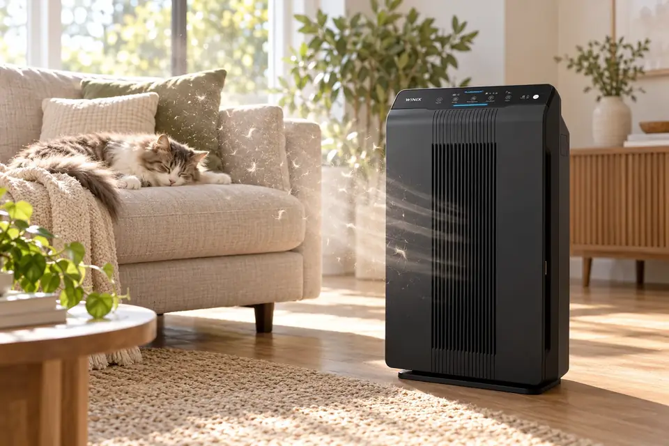 The Winix 5500-2 at work: an air purifier drawing pet hair and dander out of the air