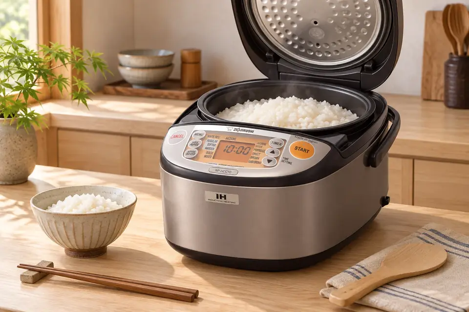 The Zojirushi NP-HCC10XH Induction Rice Cooker at work: a rice cooker with its lid open showing fluffy rice