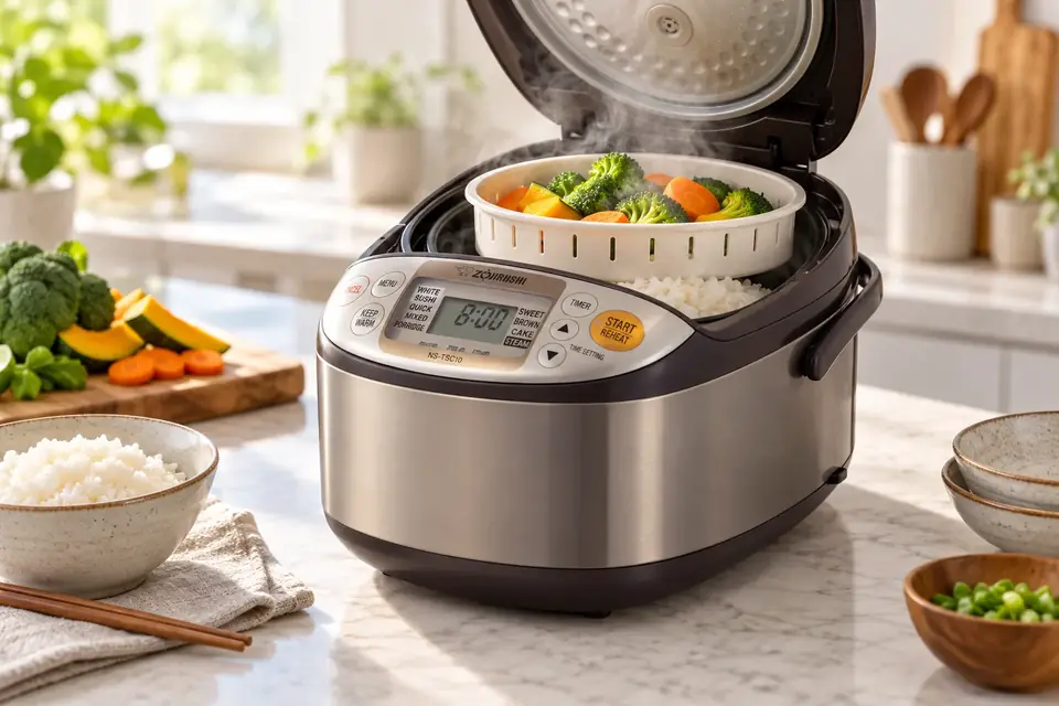 The Zojirushi NS-TSC10 Micom Rice Cooker at work: a rice cooker steaming vegetables above the rice