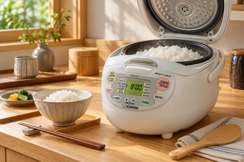 The Zojirushi NS-ZCC10 Neuro Fuzzy Rice Cooker at work: a rice cooker with its lid open showing fluffy rice