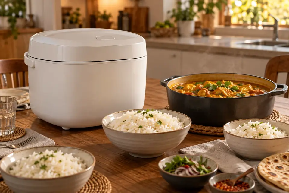 A large rice cooker beside bowls of rice on a dining table