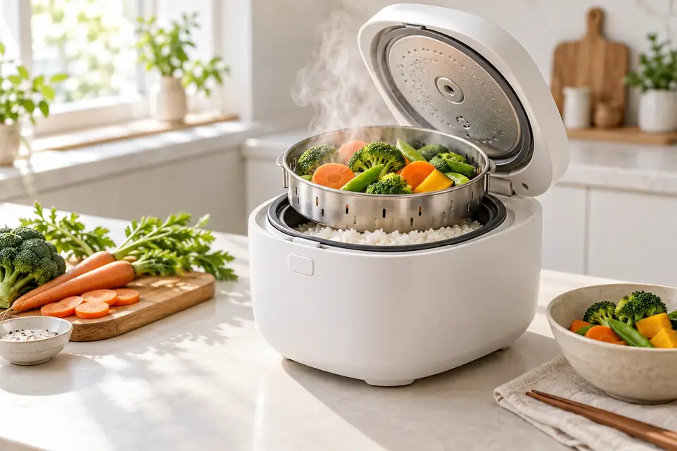 A rice cooker steaming vegetables above the rice