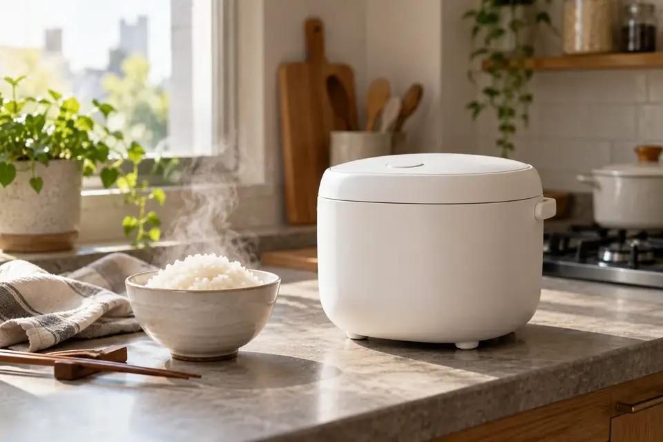 A compact rice cooker on a small kitchen counter