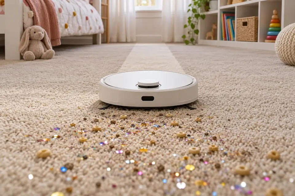 A robot vacuum leaving a clean stripe across a carpet