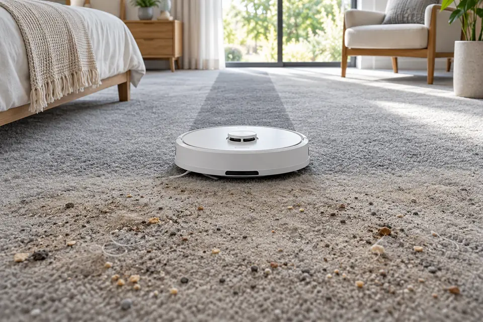 A robot vacuum leaving a clean stripe across a carpet