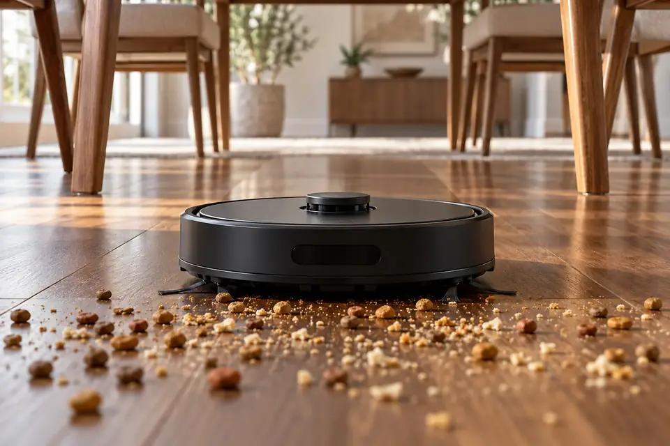 A robot vacuum cleaning up spilled cereal