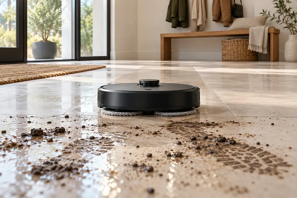 A robot mop cleaning a dirty floor