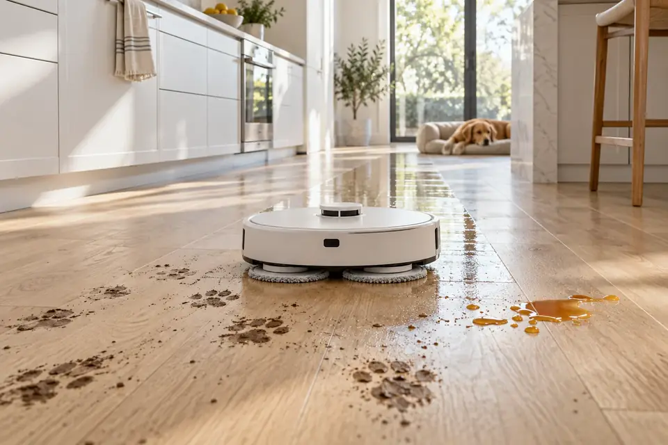 A robot mop cleaning a dirty floor