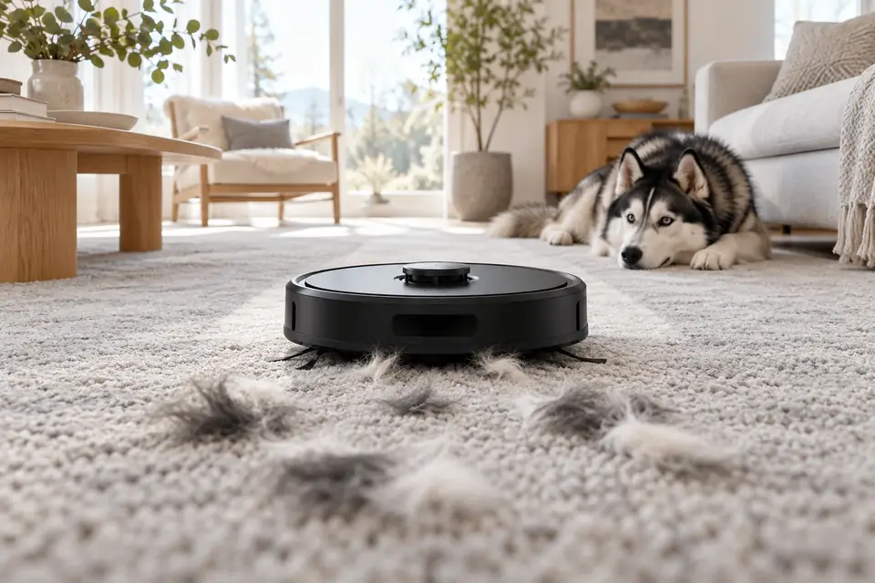 A robot vacuum picking up pet hair