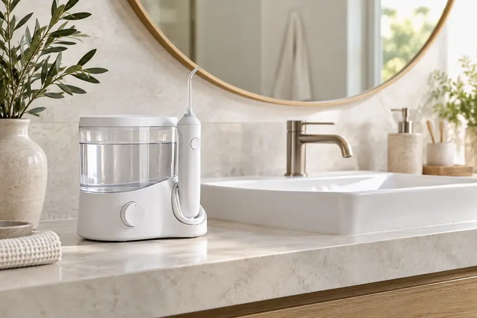 A water flosser on a bathroom counter