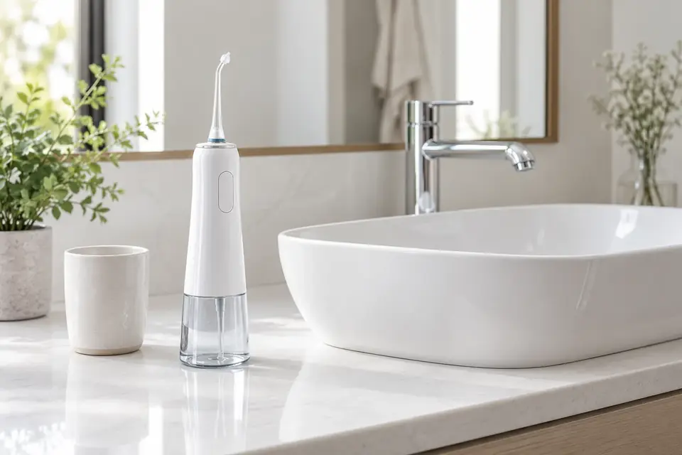A water flosser with an orthodontic tip beside a sink