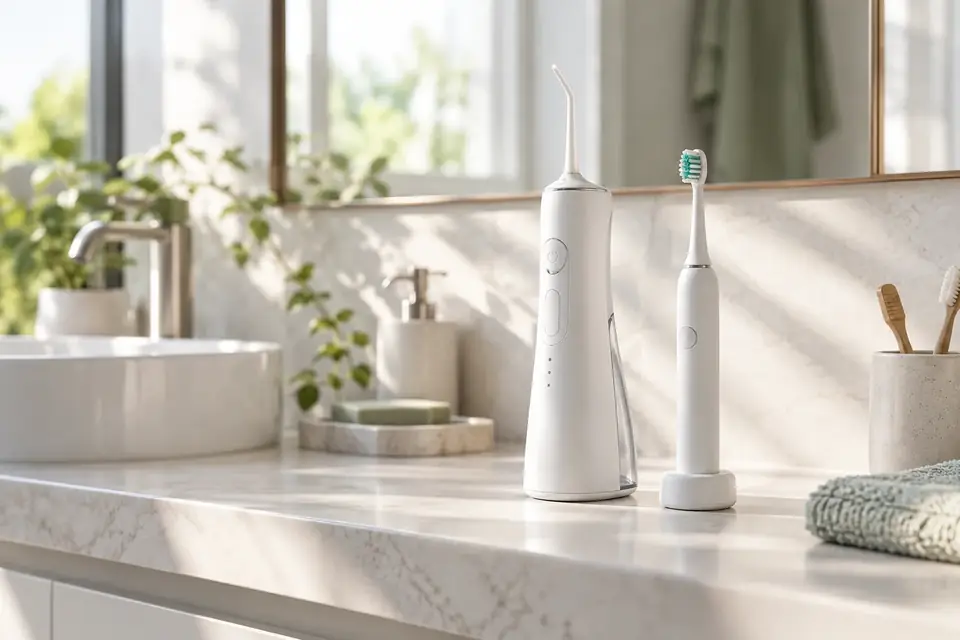 A cordless water flosser on a bathroom shelf
