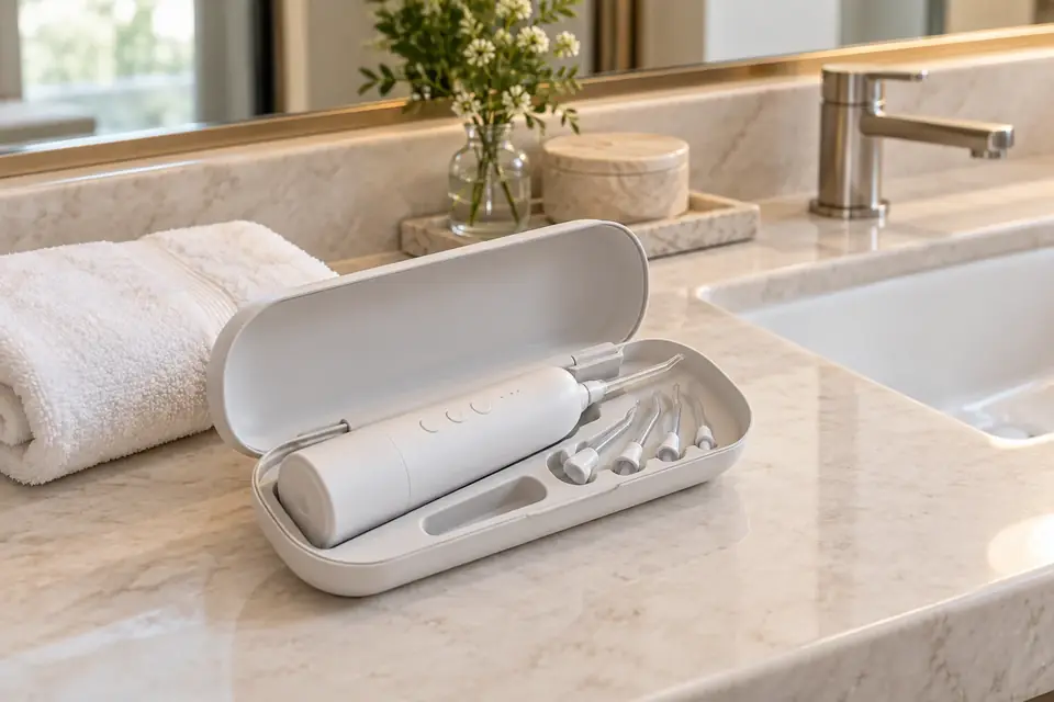 A compact water flosser packed in a travel case